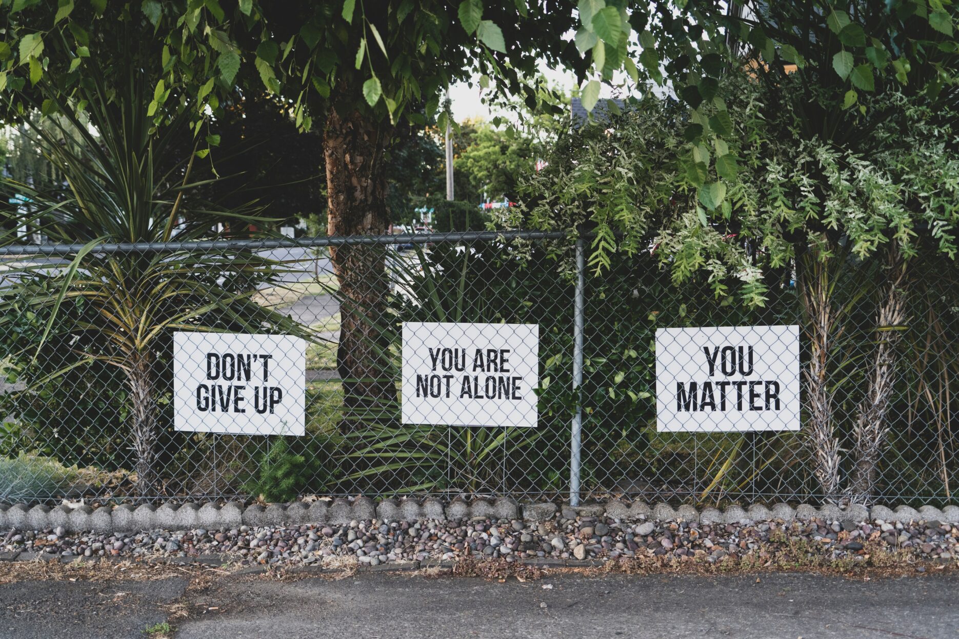 Three signs on a chainlink fence read, "Don't give up." "You are not alone." and "You matter."