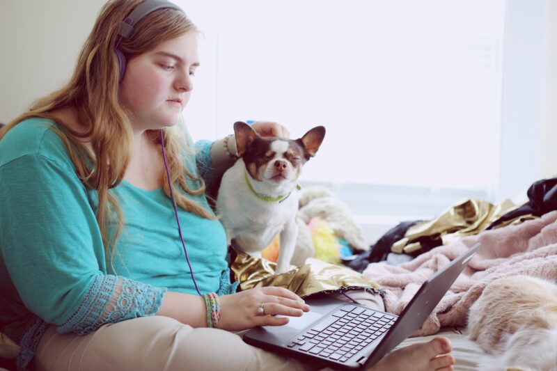 A woman works at her laptop computer on a bed with an emotional support dog at her side.