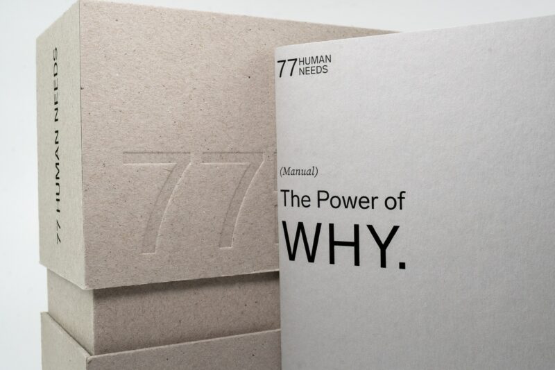 A stone displays an engraved "77," and the text in front of it reads, "The power of why."